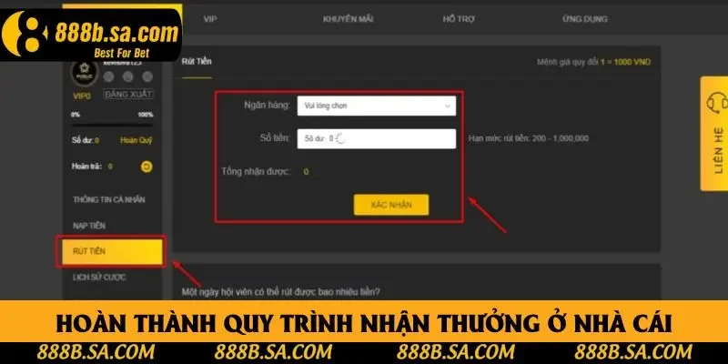 Hoàn thành quy trình nhận thưởng ở nhà cái
